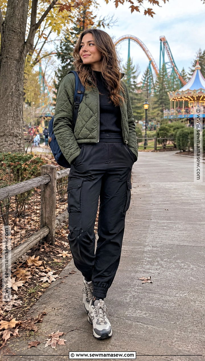 Cargo Joggers And Quilted Jacket Fall Amusement Park Outfit - 20 fall amusement park outfit ideas