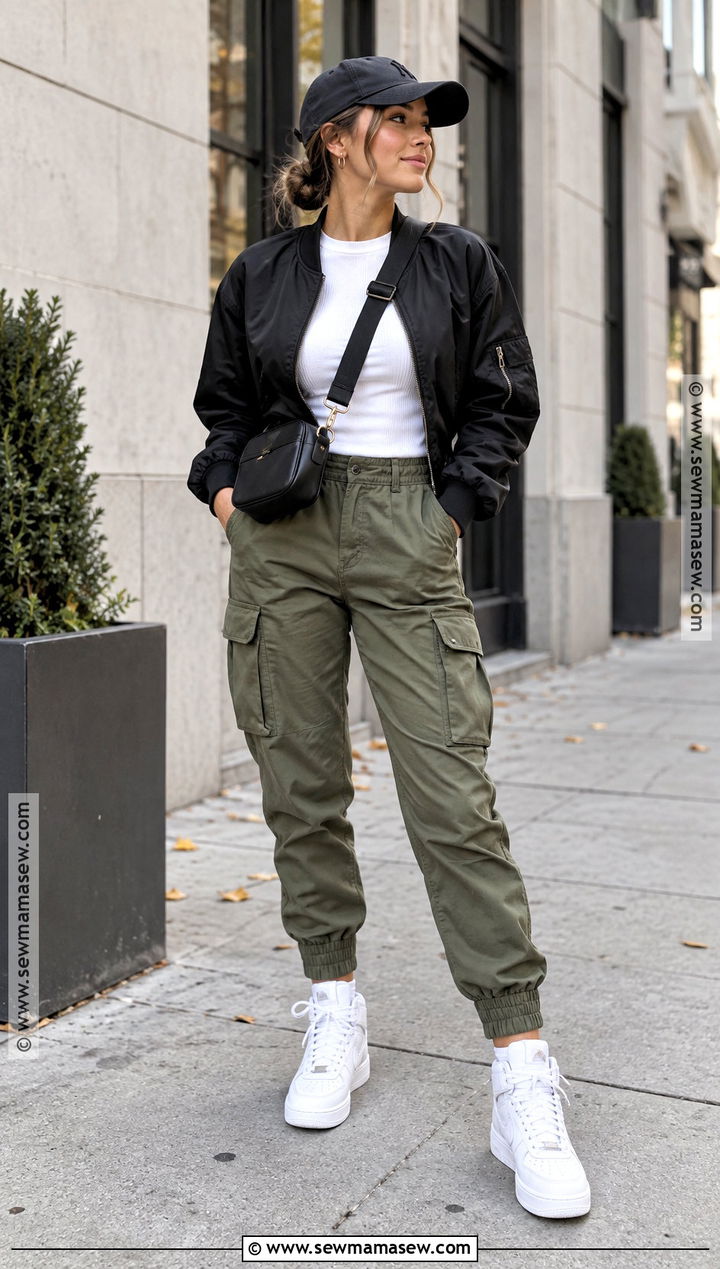 Cargo Joggers With Bomber Jacket And High Top Sneakers - 15 joggers fall outfit ideas