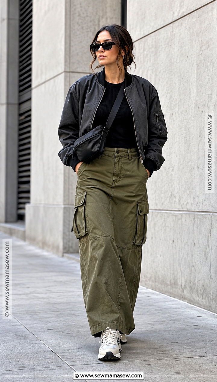 Cargo Long Skirt Outfit With Bomber Jacket And Sneakers - 25 long skirt outfits for fall