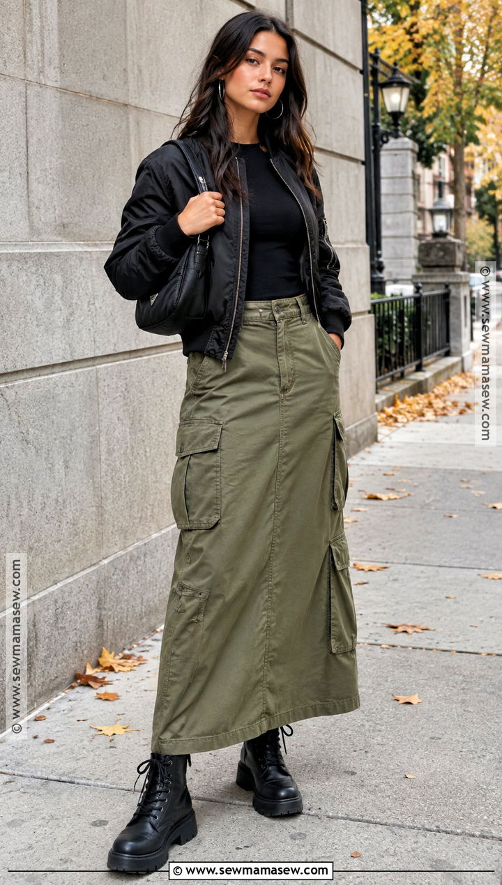 Cargo Long Skirt With Bomber Jacket And Combat Boots - 20 Long Skirt Outfits For Autumn