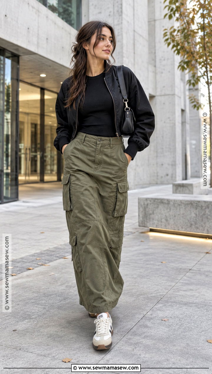 Cargo Long Skirt With Bomber Jacket and Sneakers - 20 Long Skirt Fall Ideas