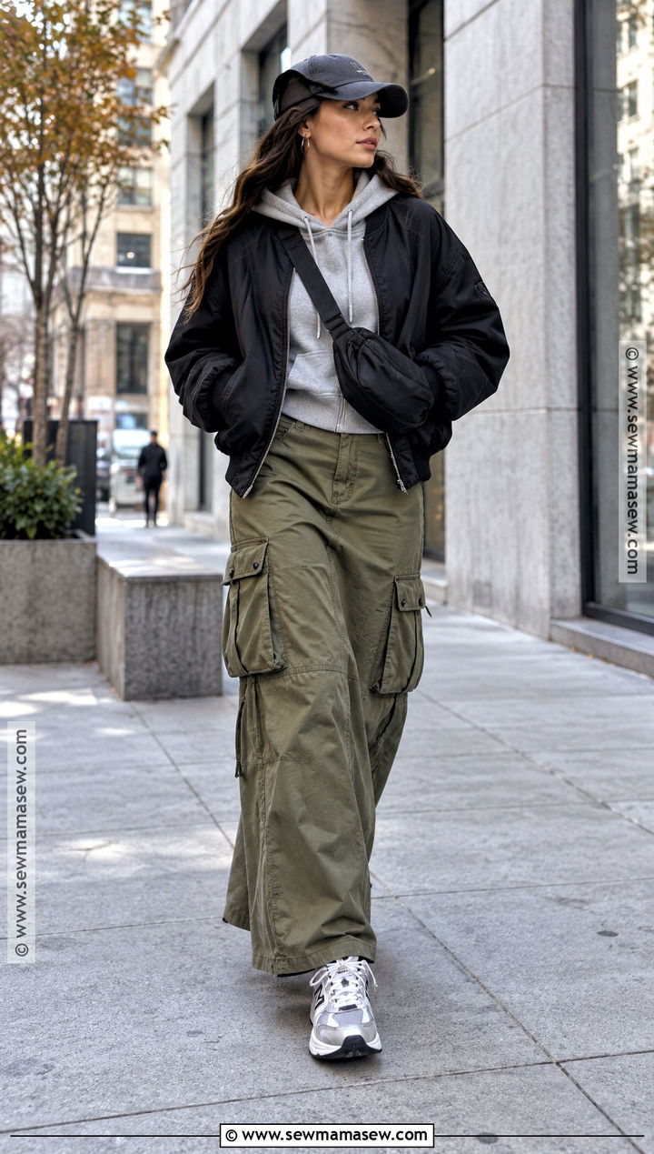 Cargo Long Skirt With Hoodie And Bomber Jacket - 25 long skirt outfits fall