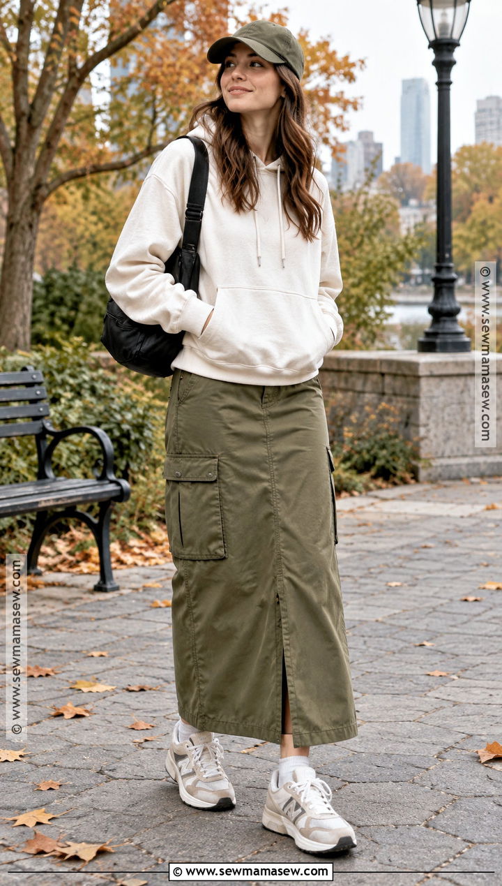 Cargo Long Skirt With Hoodie And Retro Sneakers - 15 Long Skirt Outfits For Fall Casual