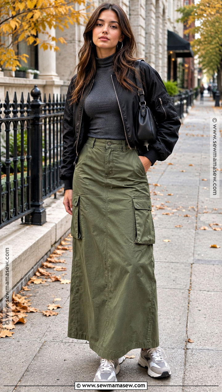Cargo Maxi Skirt And Fitted Top Outfit - 15 Fall Aesthetic Outfit Skirt Ideas