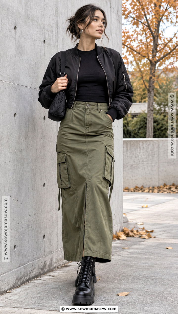 Cargo Maxi Skirt With Bomber Jacket And Combat Boots - 20 maxi skirt autumn outfit ideas