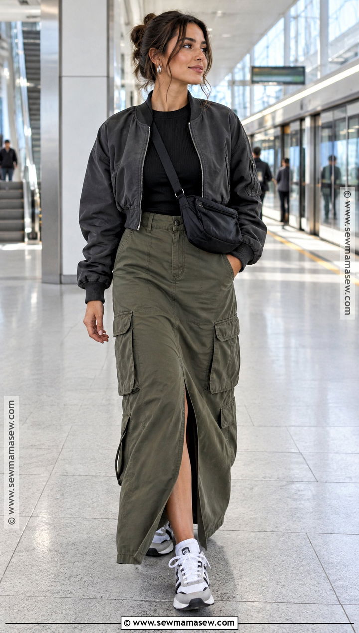 Cargo Maxi Skirt With Bomber Jacket And Sneakers - 20 fall fits skirt