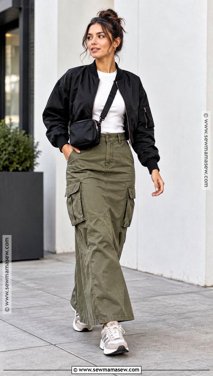 Cargo Maxi Skirt With Bomber Jacket And Sneakers - 25 fall maxi skirt outfits