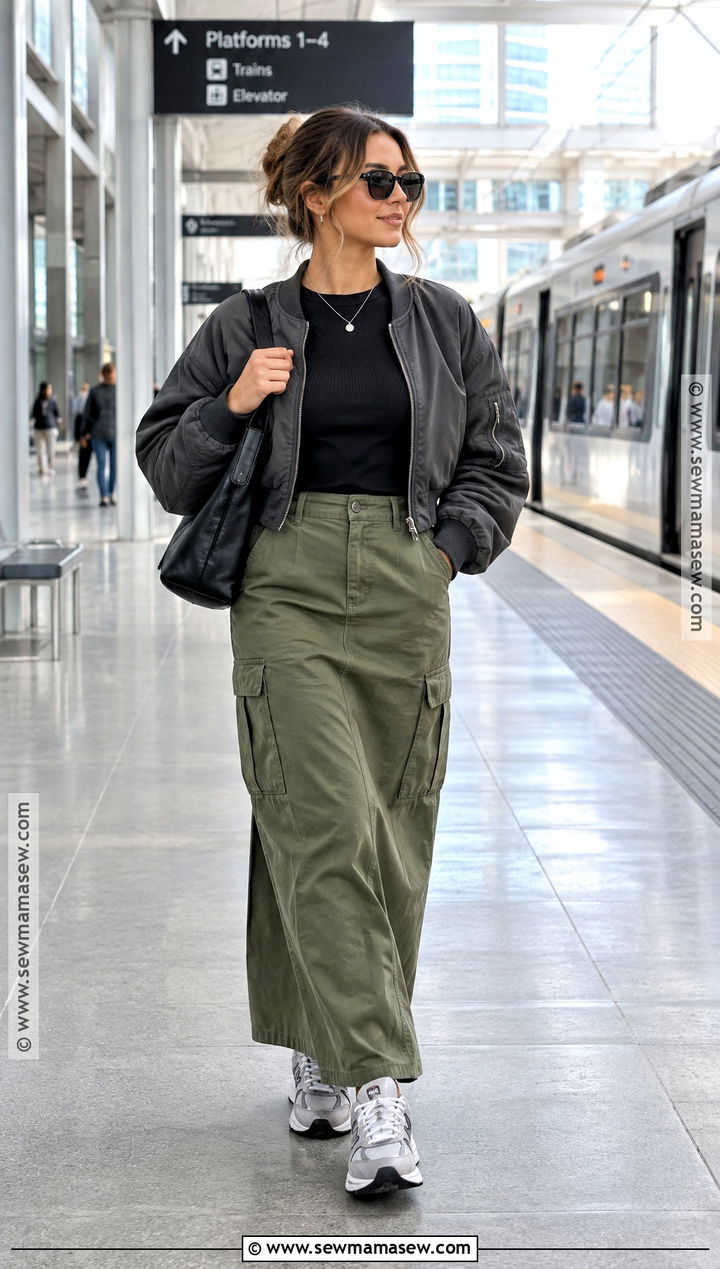 Cargo Maxi Skirt With Bomber Jacket And Sneakers - 30 fall skirt outfits