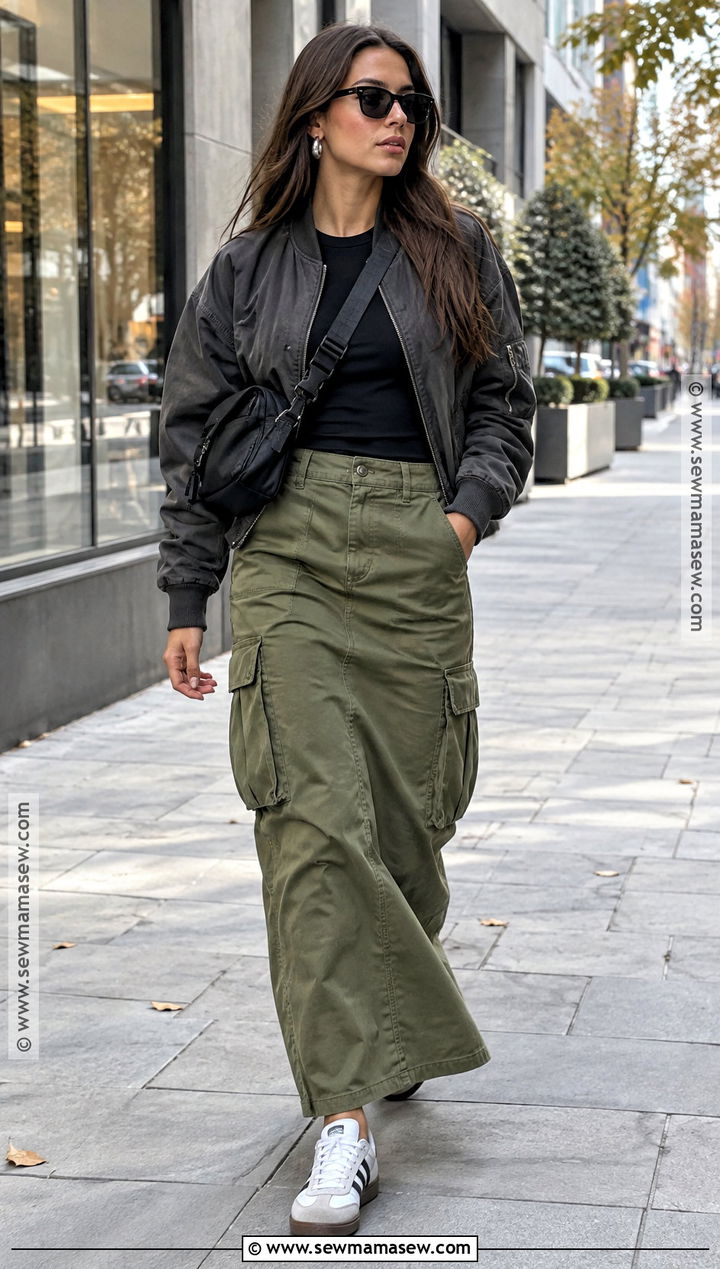 Cargo Maxi Skirt With Bomber Jacket And Trainers - 20 maxi skirt outfit autumn ideas