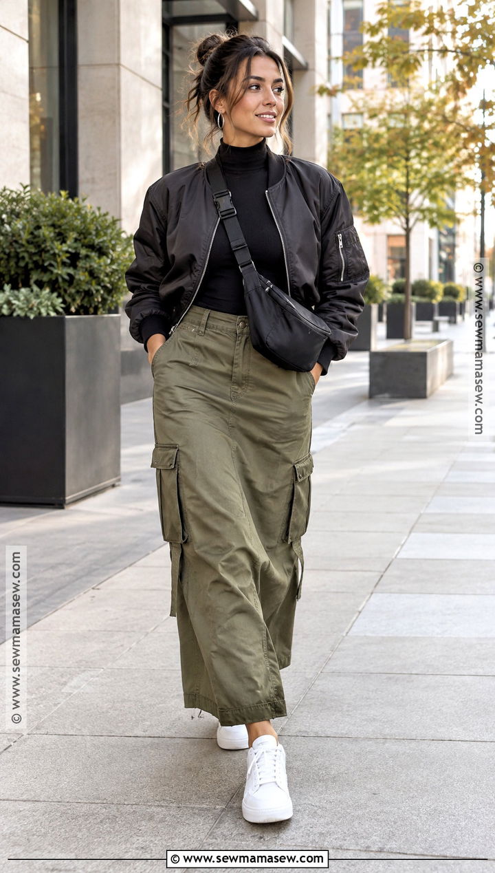 Cargo Maxi Skirt With Bomber Jacket And Trainers - 20 Autumn Outfits Skirts