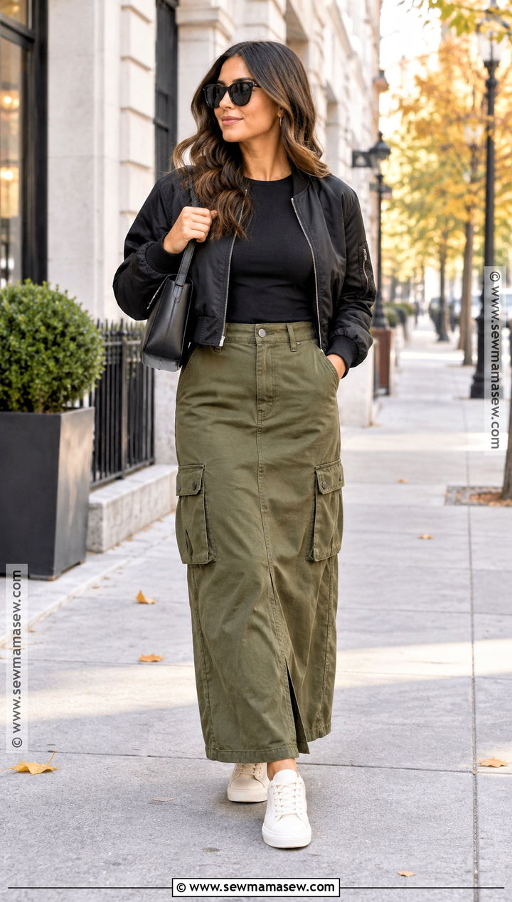 Cargo Maxi Skirt With Fitted Top And Sneakers - 25 skirt outfits fall