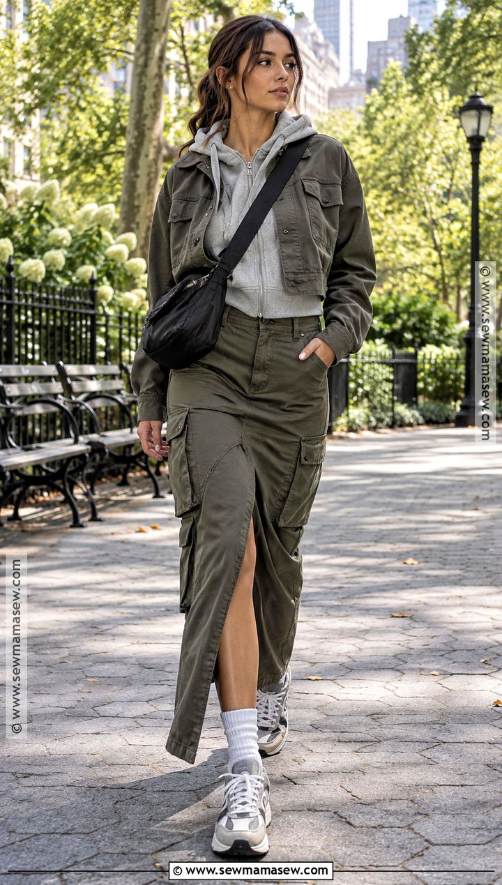Cargo Maxi Skirt With Hoodie And Sneakers - 25 fall outfits with skirts