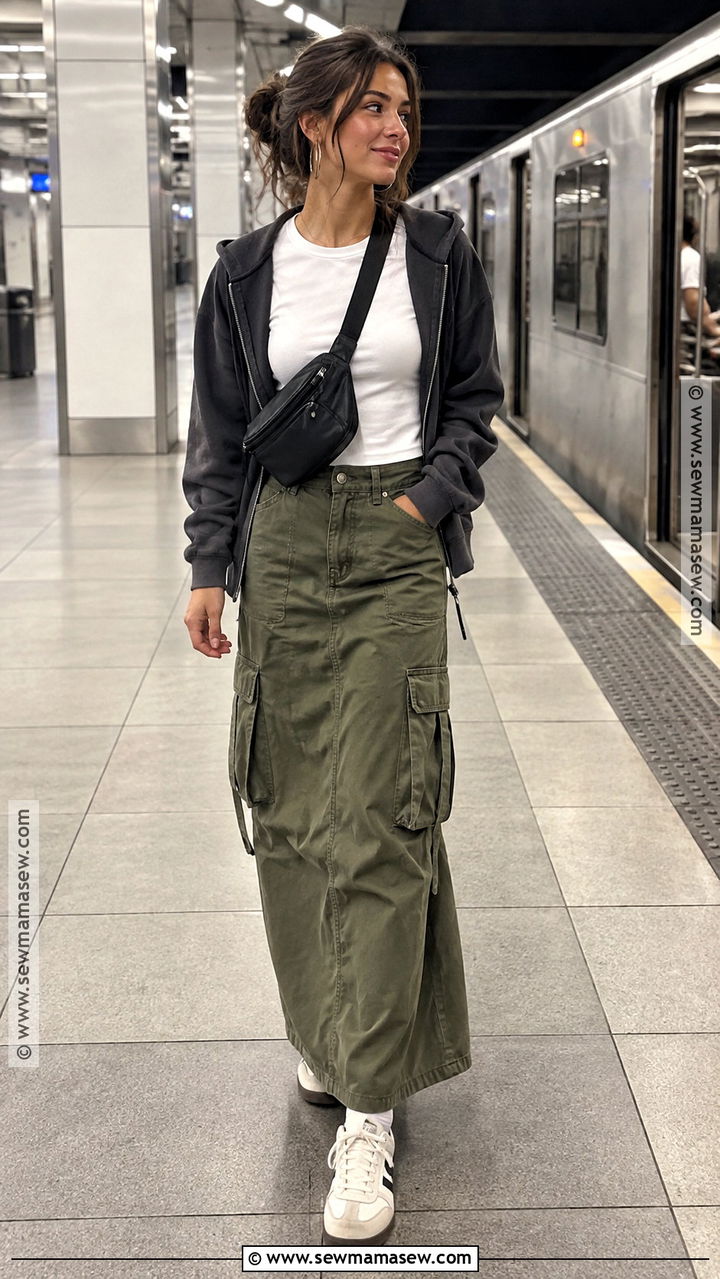 Cargo Maxi Skirt With Hoodie And Sneakers - 20 Fall Skirt Ideas