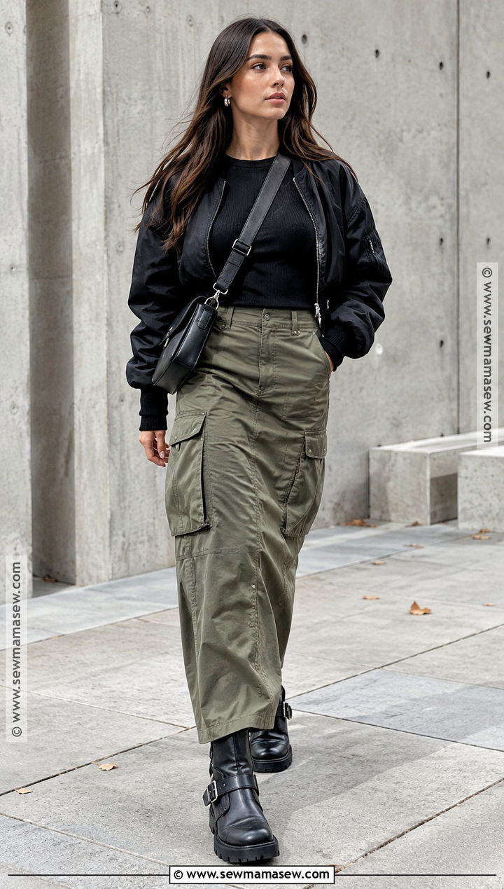 Cargo Maxi Skirt With Moto Boots - 15 fall skirts outfits with boots