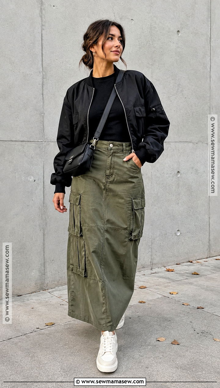 Cargo Maxi Skirt With Ribbed Top And Bomber Jacket - 20 fall skirts outfits