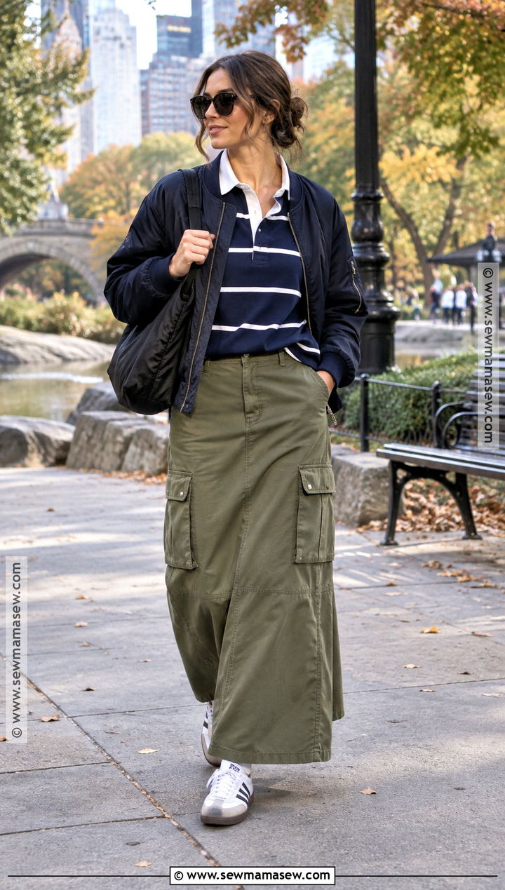 Cargo Maxi Skirt With Rugby Shirt And Sneakers - 25 fall outfits skirt