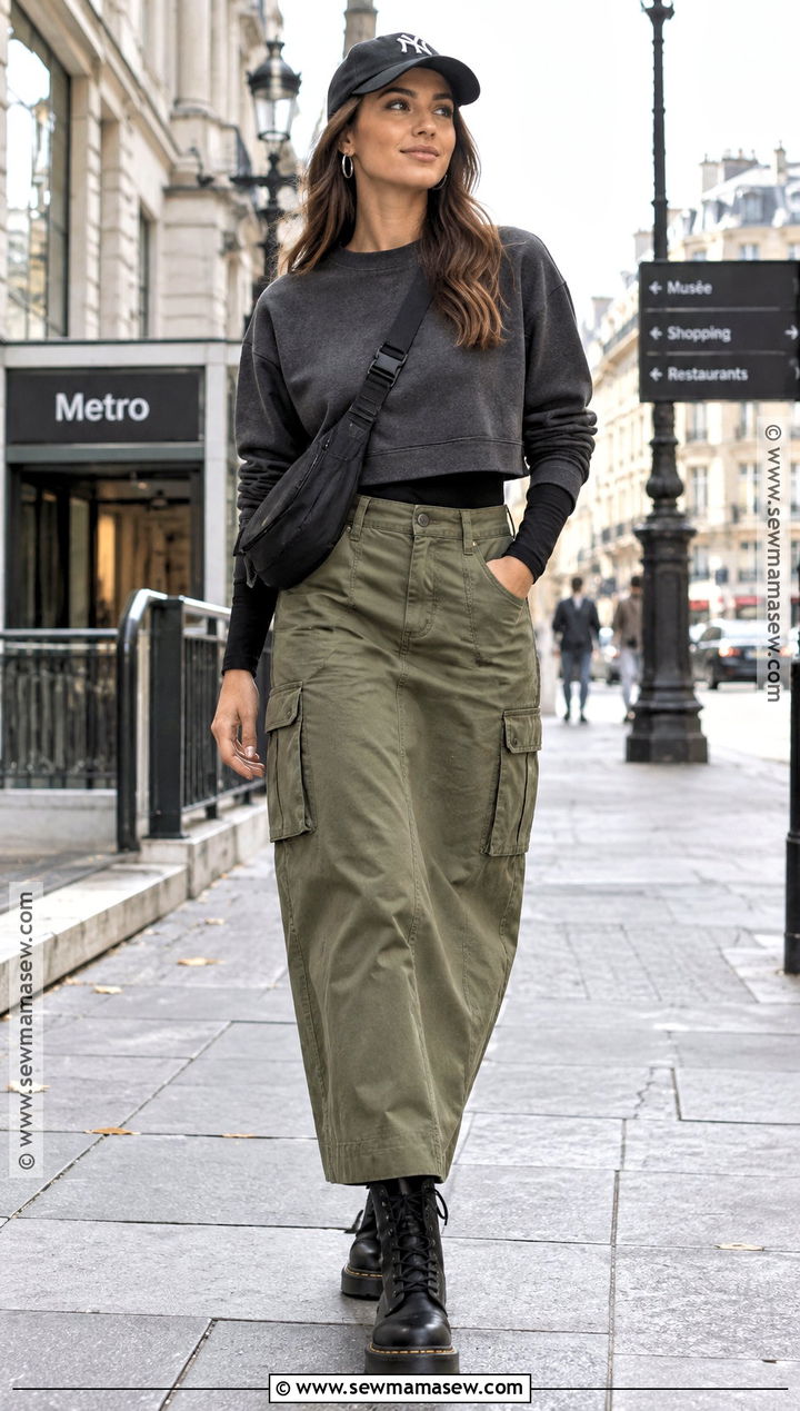 Cargo Maxi Skirt With Sweatshirt And Combat Boots - 20 fall outfits maxi skirt
