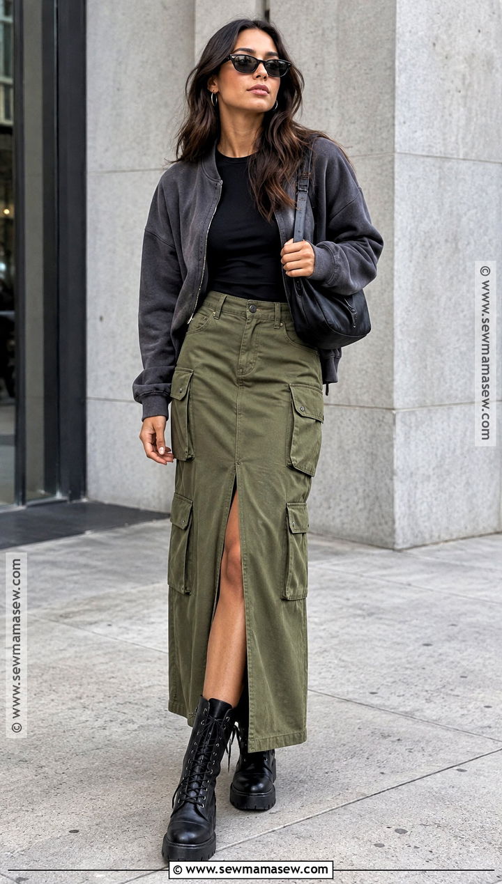 Cargo Maxi Skirt With Sweatshirt And Combat Boots - 15 fall outfits with maxi skirts