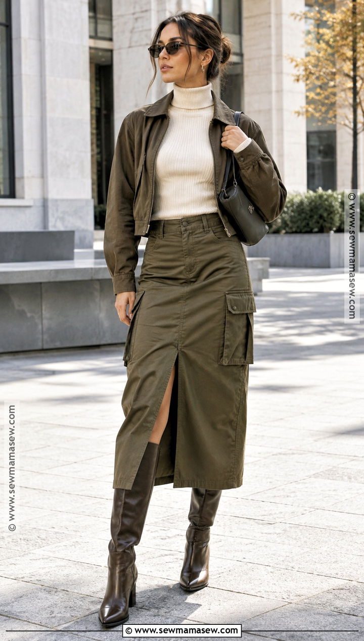 Cargo Midi Skirt And Fitted Turtleneck 2000s Fall Outfit - 20 2000s fall aesthetic outfits