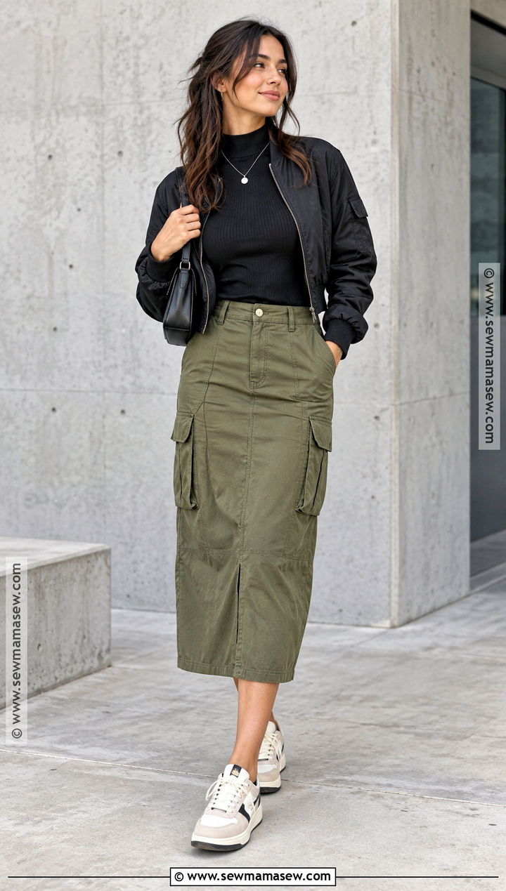 Cargo Midi Skirt With Bomber Jacket - 25 autumn outfits skirt