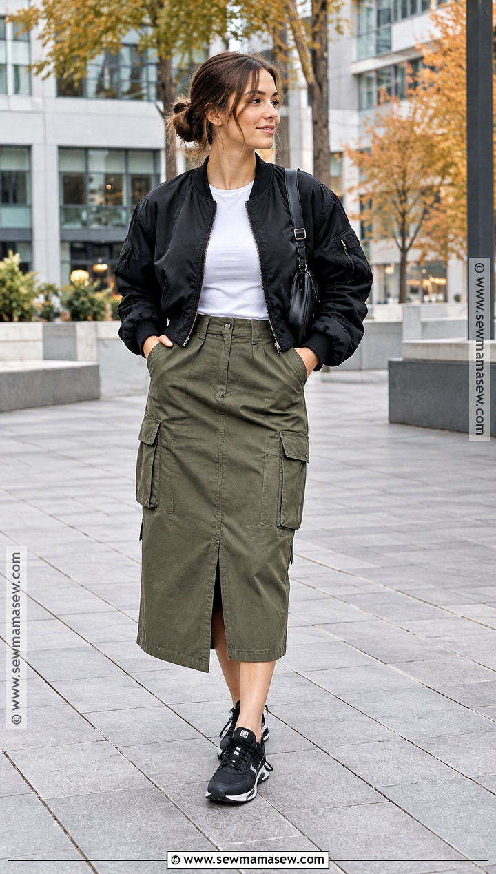 Cargo Midi Skirt With Bomber Jacket - 20 autumn outfits skirt midi