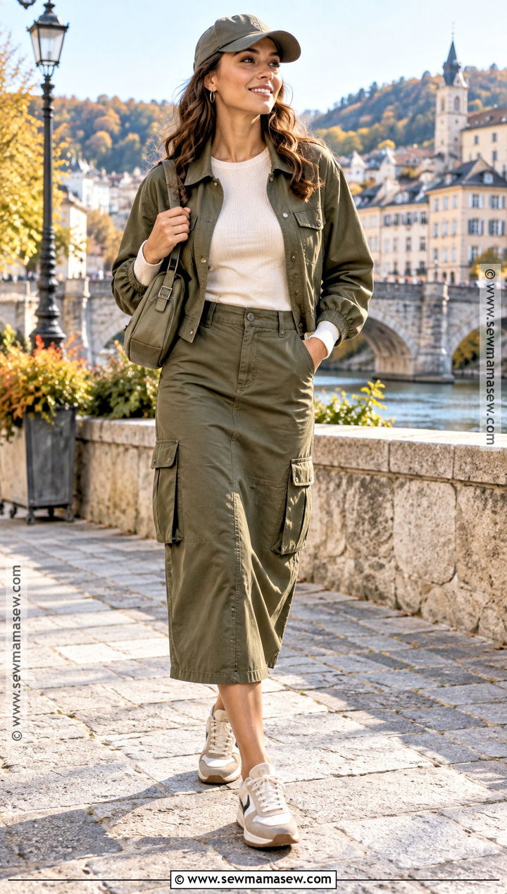 Cargo Midi Skirt With Fitted Top And Retro Sneakers - 20 Midi Skirt Autumn Outfit Ideas