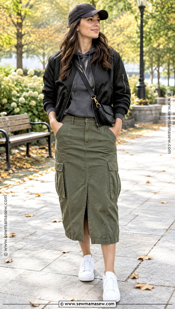 Cargo Midi Skirt With Hoodie And Sneakers - 15 fall outfits with midi skirts
