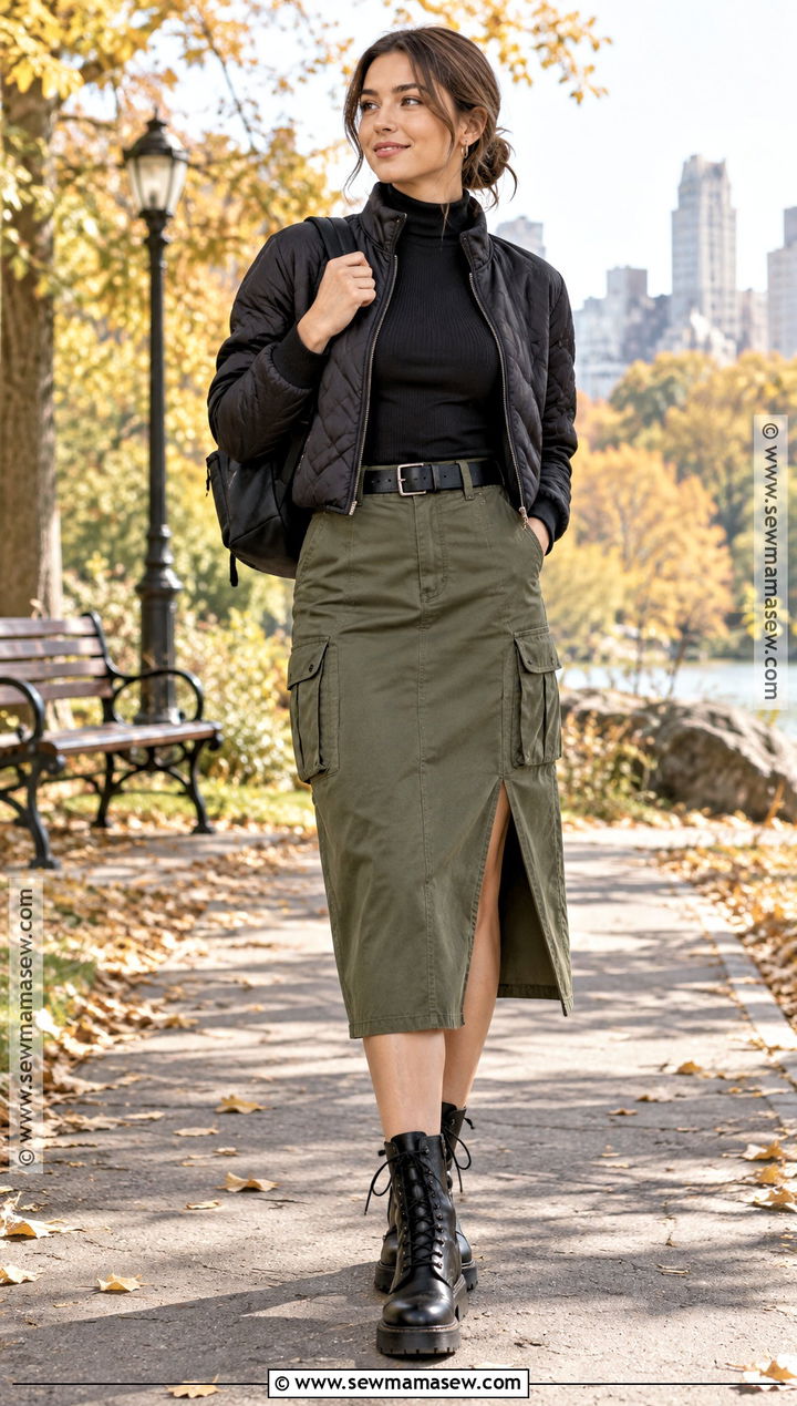 Cargo Midi Skirt With Lace Up Boots - 20 Skirt Boots Outfit Fall