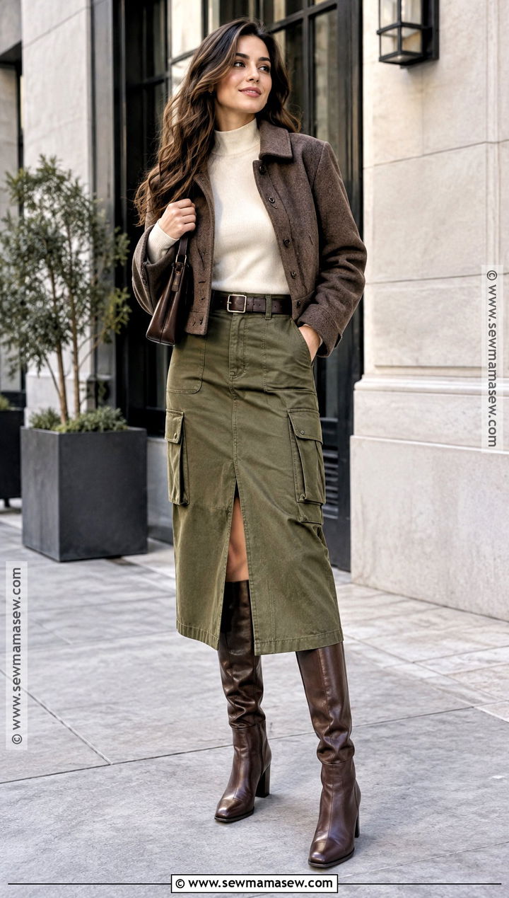 Cargo Midi Skirt With Mock Neck And Knee High Boots - 15 cargo autumn outfit ideas