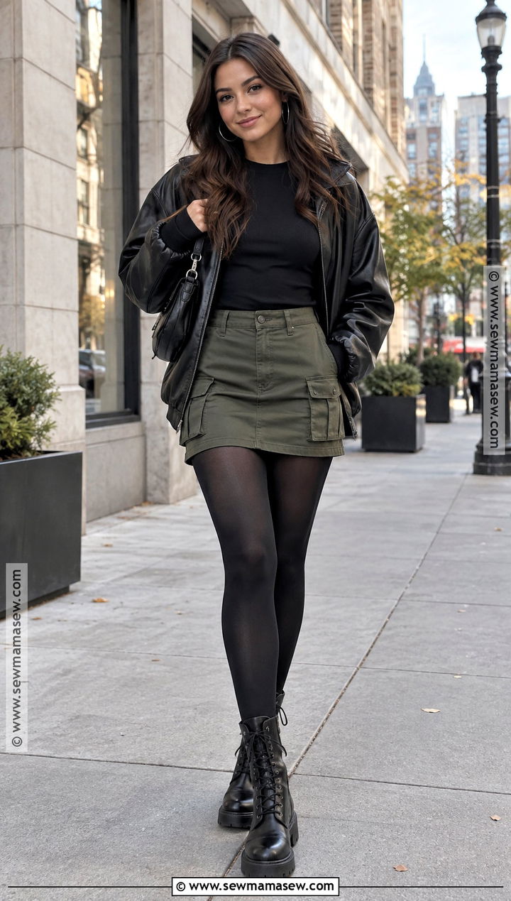 Cargo Mini Skirt With Tights And Combat Boots - 15 Cargo Skirt Outfit Fall Ideas