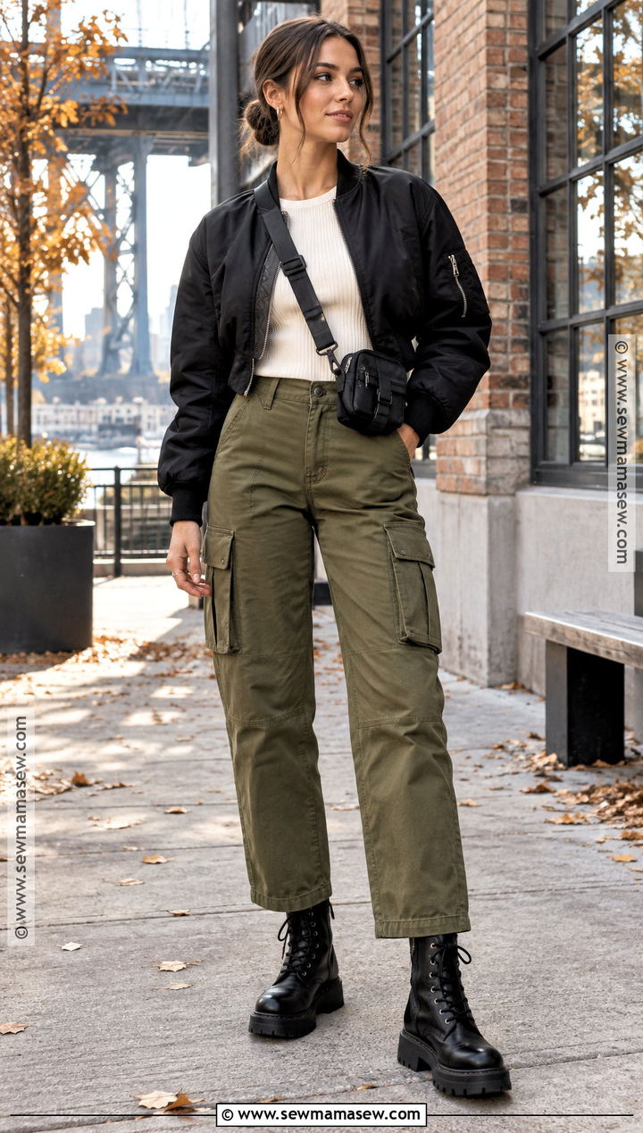 Cargo Pants And Bomber Jacket With Black Ankle Boots - 15 Black Ankle Boots Fall Fashion