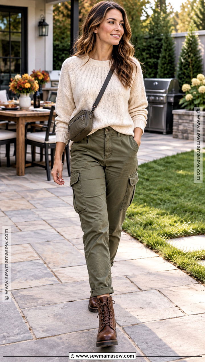 Cargo Pants And Crewneck Sweater Fall BBQ Outfit - 20 fall bbq outfit ideas