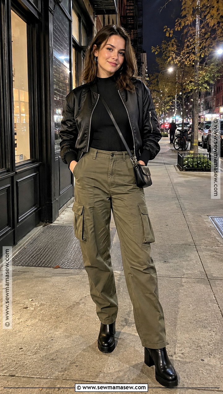 Cargo Pants And Cropped Bomber NYC Fall Night Outfit - 15 nyc fall night outfits