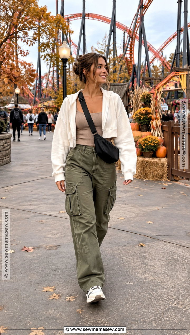 Cargo Pants And Cropped Sweatshirt Fall Amusement Park Outfit - 20 fall amusement park outfit ideas