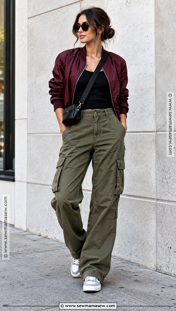Cargo Pants Fitted Tank And Bomber Jacket Fall Outfit - 25 transition to fall outfits