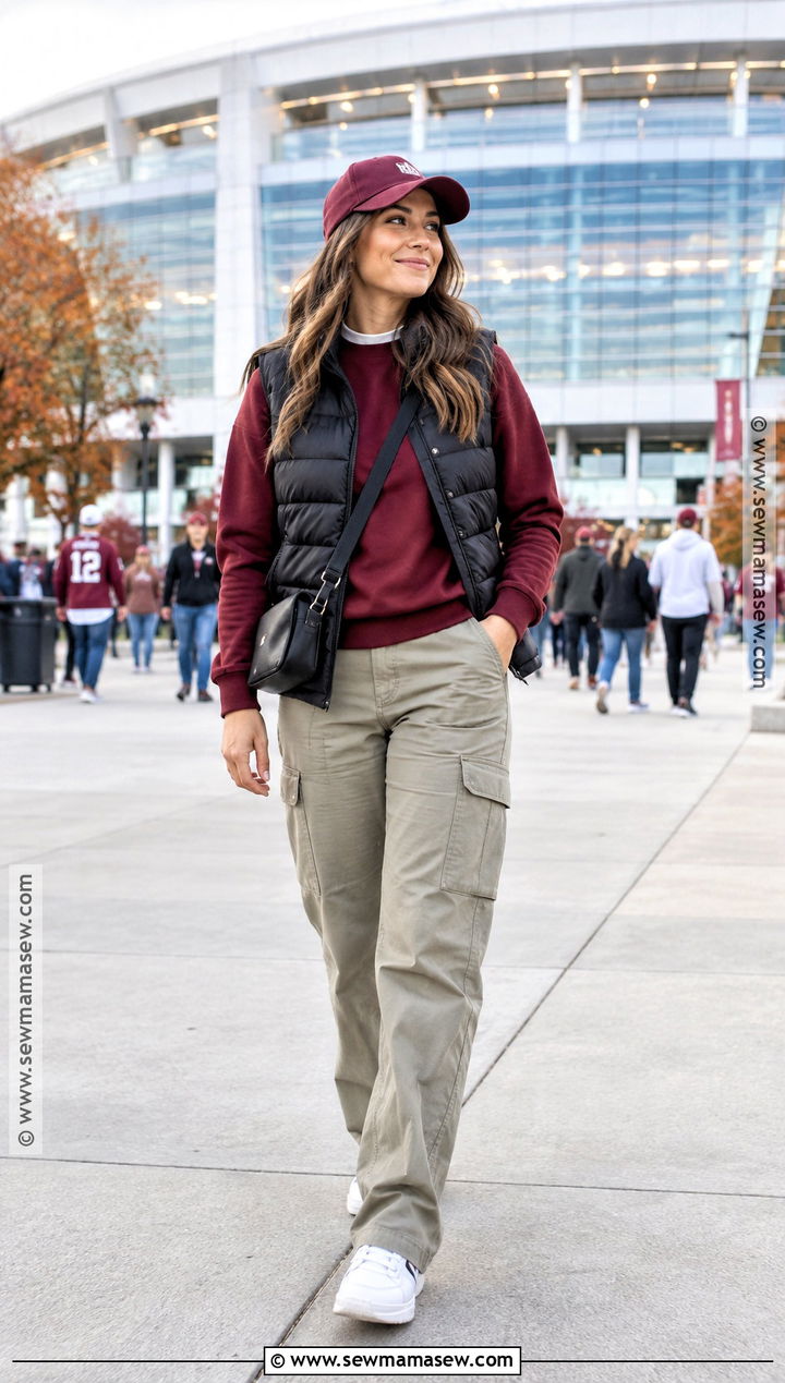 Cargo Pants Game Day Outfit With Sweatshirt And Sneakers - 20 fall cargo pants outfit