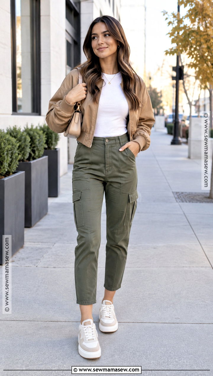 Cargo Pants With Cropped Jacket And Platform Sneakers - 15 cargo pant fall outfit ideas