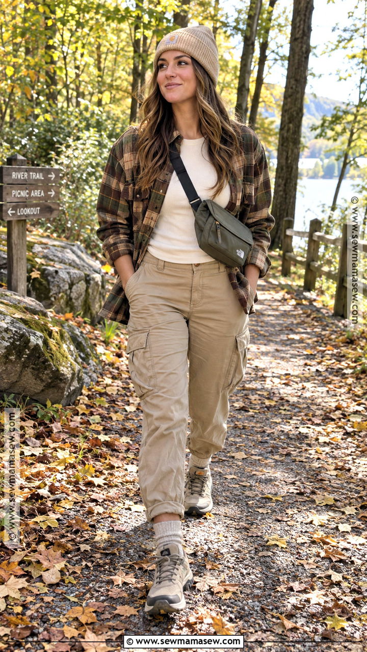Cargo Pants With Plaid Shacket And Hiking Sneakers - 20 fall cargo pants outfit for women