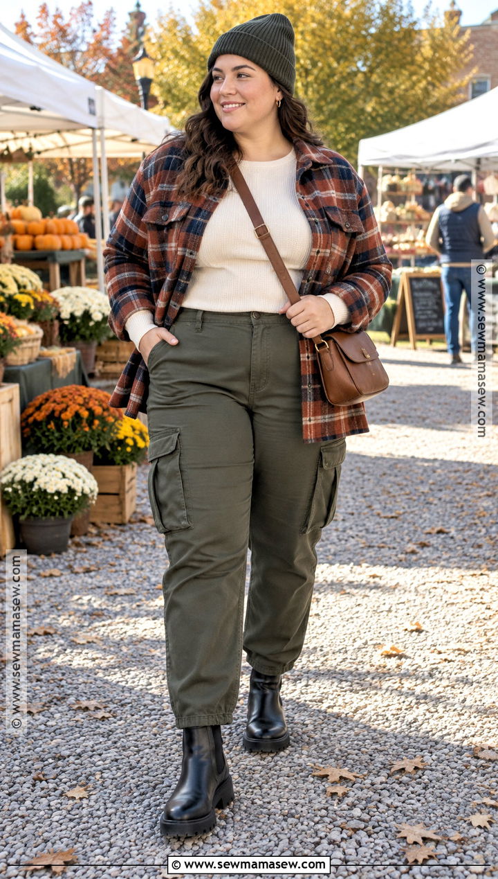 Cargo Pants With Plaid Shacket and Chelsea Boots - 15 fall outfits women cargo pants