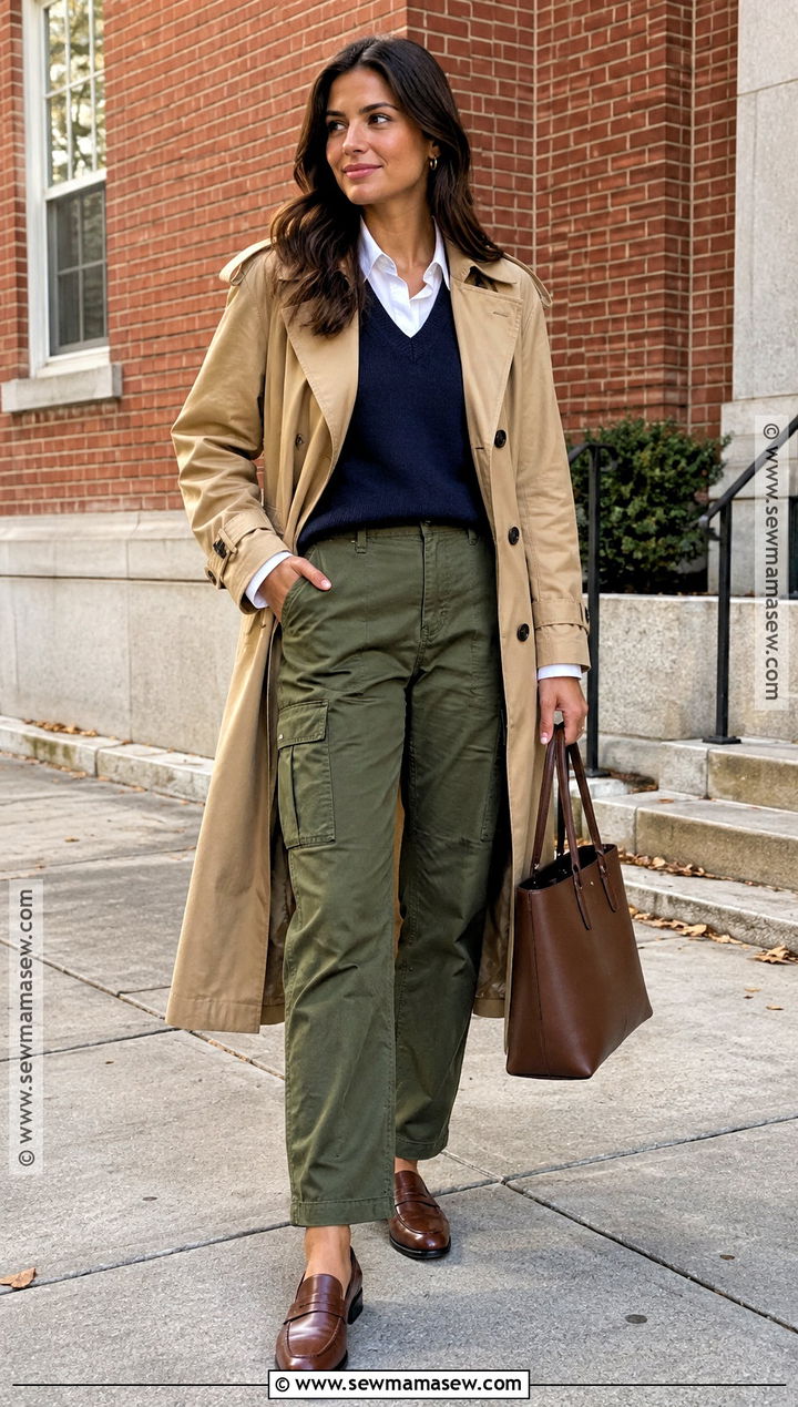 Cargo Pants With Sweater Vest And Oxford Shirt - 15 Fall Outfit Ideas With Cargo Pants