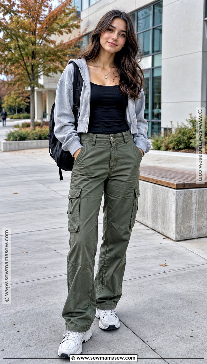 Cargo Pants and Cropped Hoodie Fall School Outfit - 20 fall baddie outfits for school