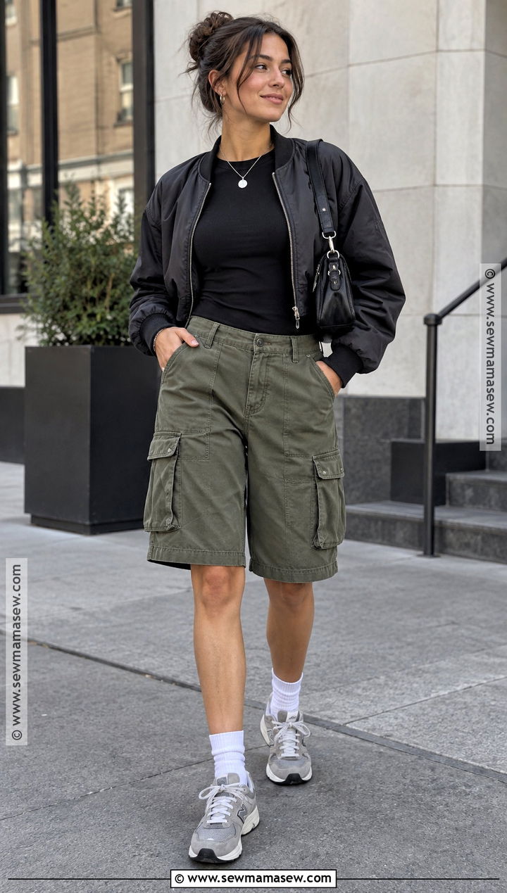 Cargo Shorts With Bomber Jacket Outfit - 25 fall shorts outfit ideas