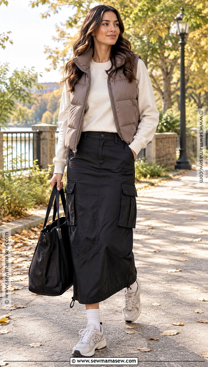 Cargo Skirt With Puffer Vest And Running Sneakers - 15 Cargo Skirt Outfit Fall Ideas