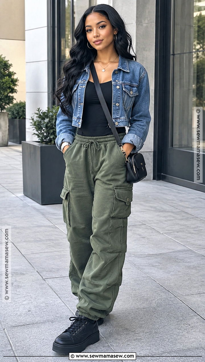 Cargo Sweatpants Outfit With Fitted Bodysuit - 15 fall sweatpants outfits baddie