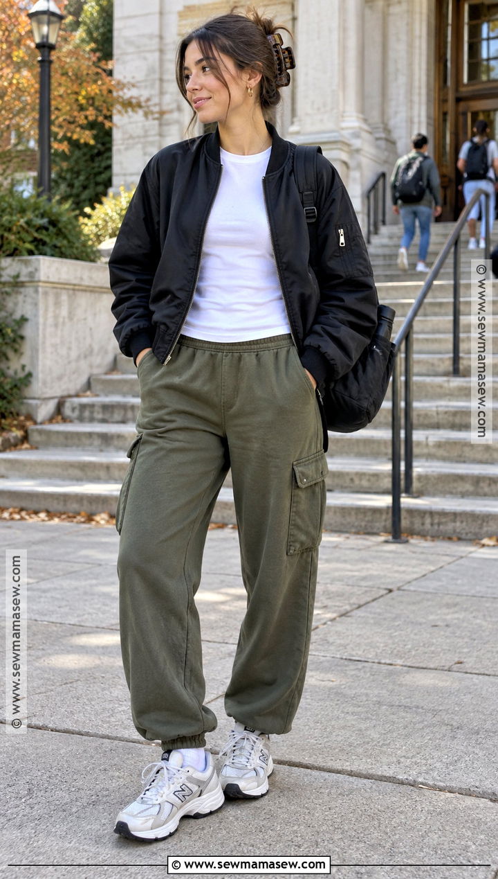 Cargo Sweatpants With Baby Tee And Bomber Jacket - 15 sweatpants outfit for school fall ideas