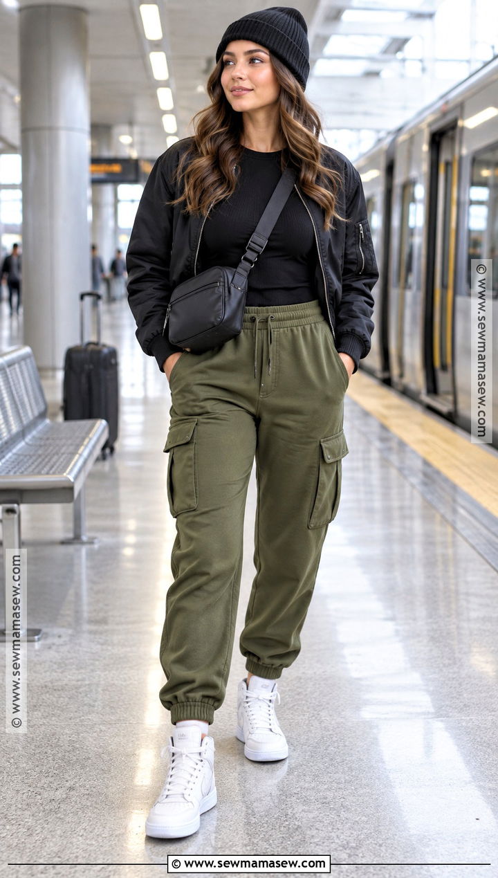 Cargo Sweatpants With Bomber Jacket And High Top Sneakers - 20 sweatpants fall outfit ideas