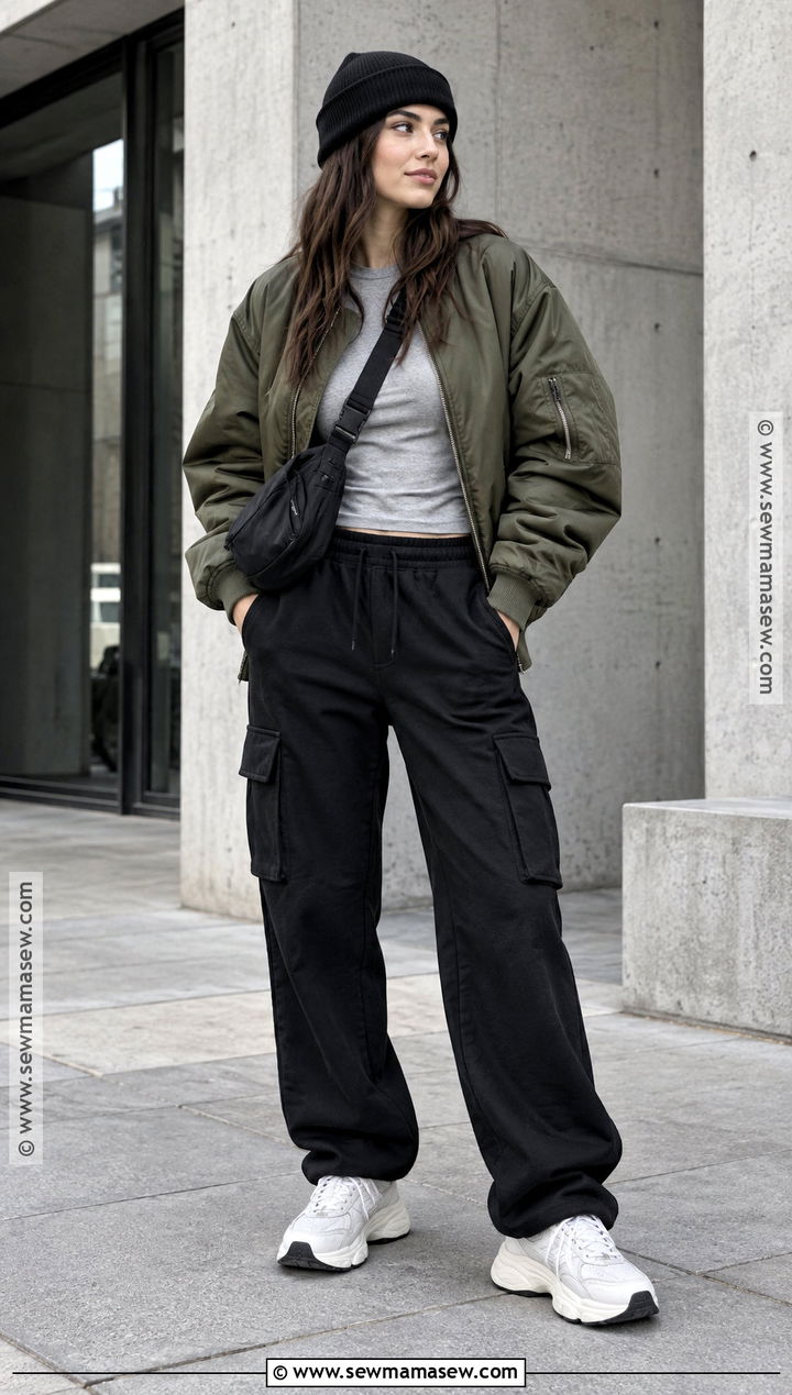 Cargo Sweatpants With a Bomber Jacket - 15 Cute Fall Sweatpants Outfits