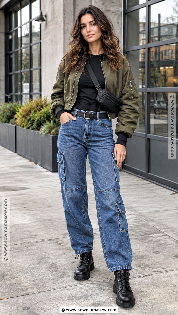 Carpenter Jeans With Bomber Jacket - 15 cute fall jeans outfits