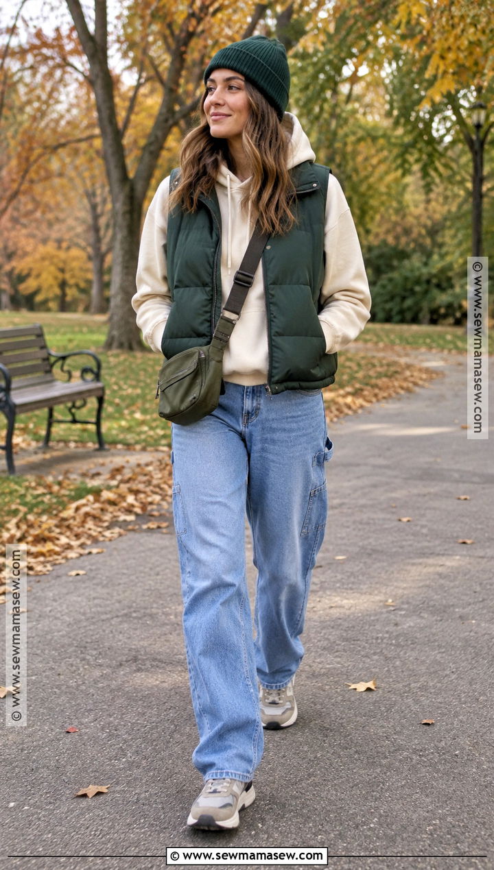 Carpenter Jeans With Hoodie and Puffer Vest - 20 cute fall outfits with jeans