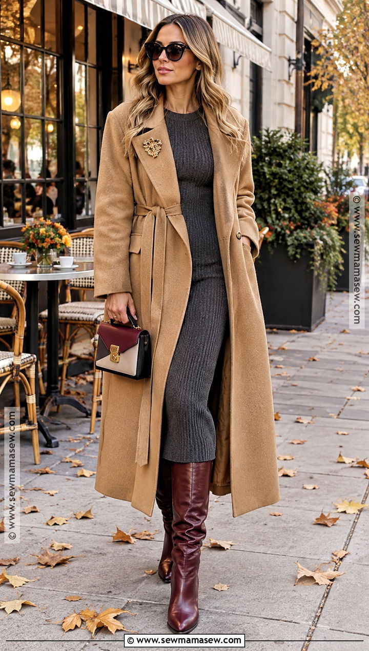 Carrie Bradshaw Camel Coat And Knit Dress Outfit - 20 carrie bradshaw fall outfits